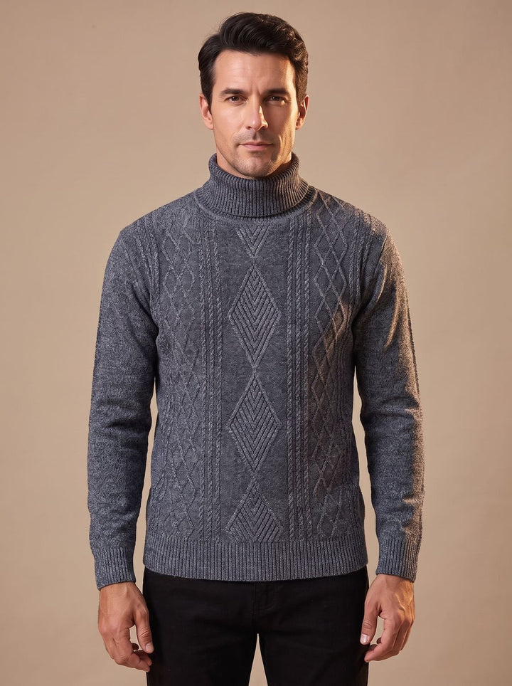 Maximilian | Men's Slim-Fit Turtleneck Sweater with Cable Pattern, Black