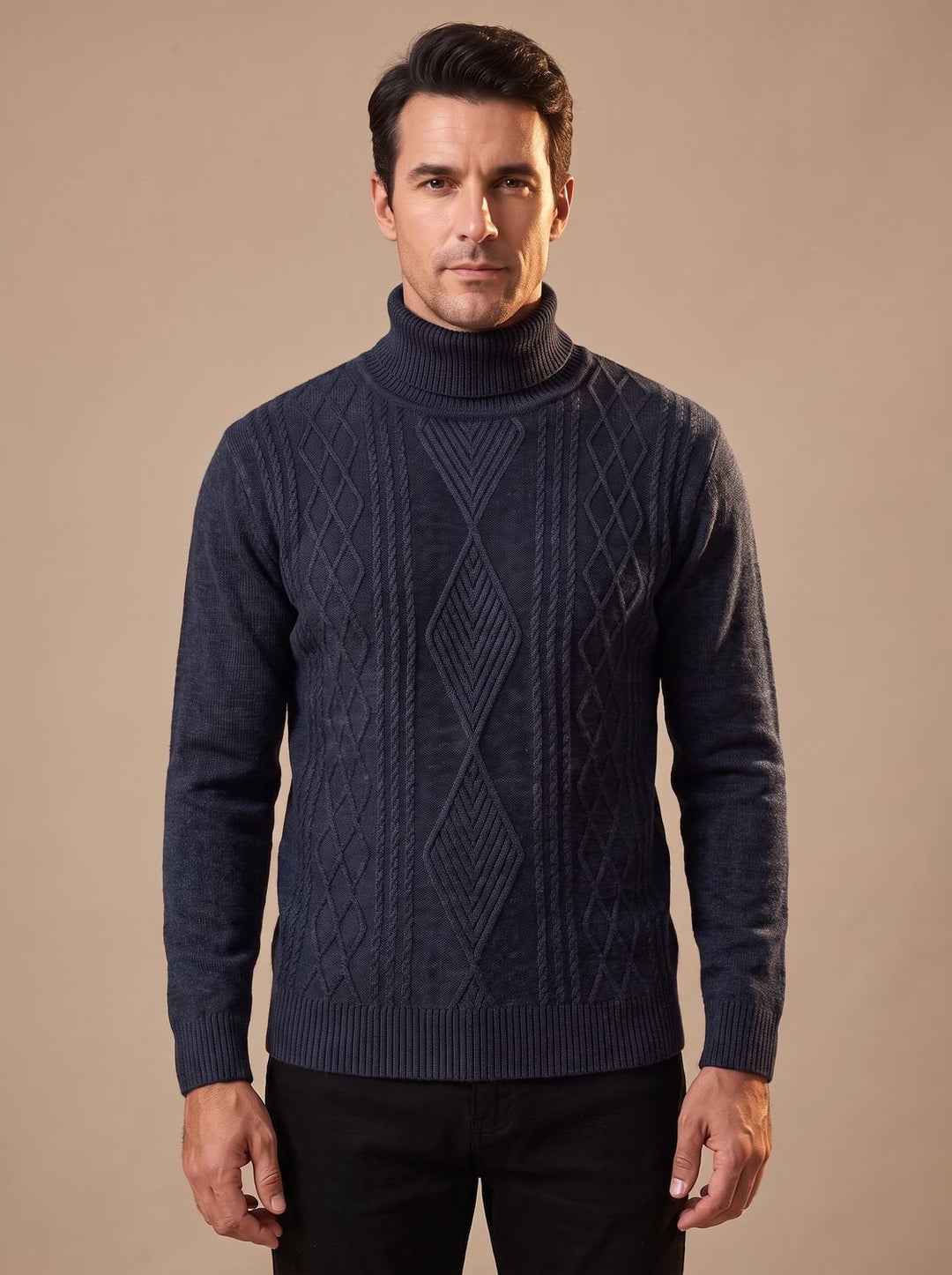 Maximilian | Men's Slim-Fit Turtleneck Sweater with Cable Pattern, Black