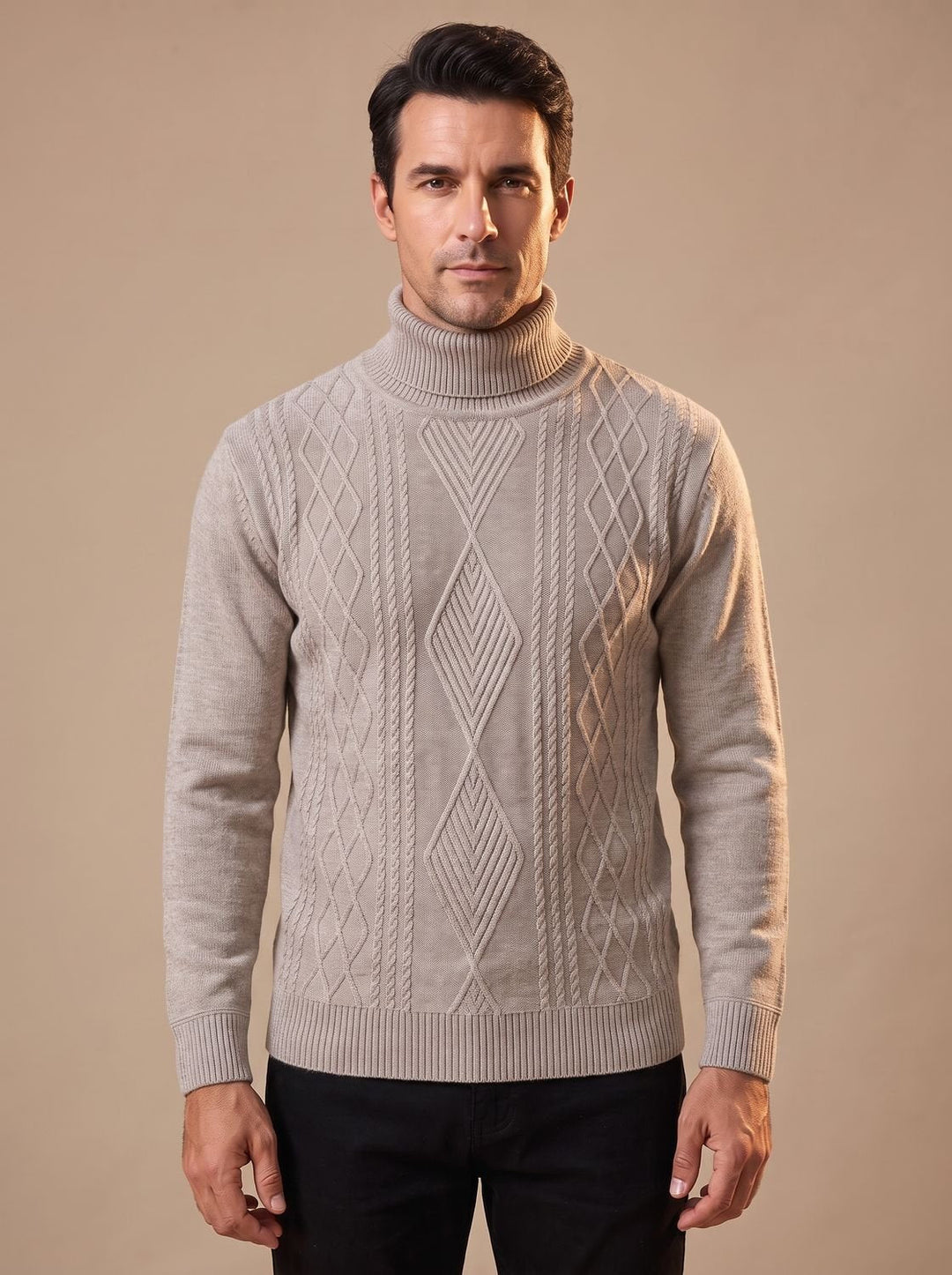 Maximilian | Men's Slim-Fit Turtleneck Sweater with Cable Pattern, Black