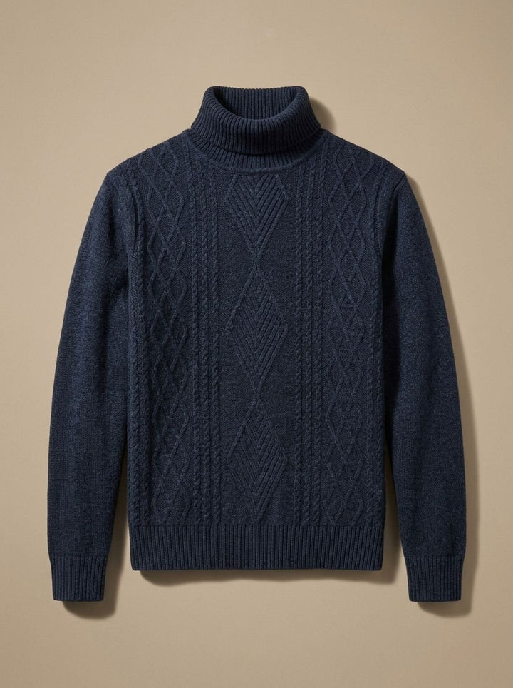 Maximilian | Men's Slim-Fit Turtleneck Sweater with Cable Pattern, Black