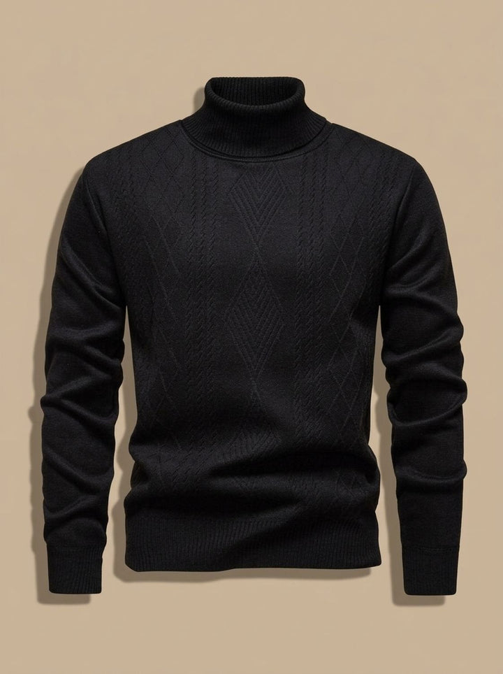 Maximilian | Men's Slim-Fit Turtleneck Sweater with Cable Pattern, Black