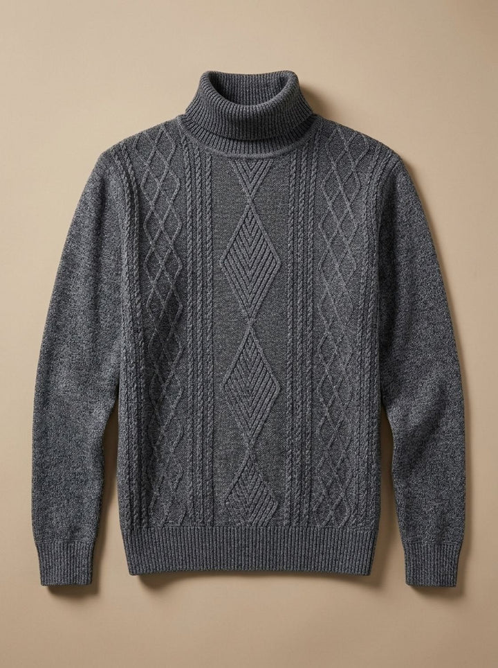 Maximilian | Men's Slim-Fit Turtleneck Sweater with Cable Pattern, Black