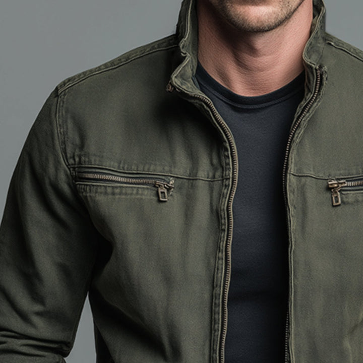 Stefan | Men's Stand Collar Bomber Jacket with Zipper and Chest Pockets