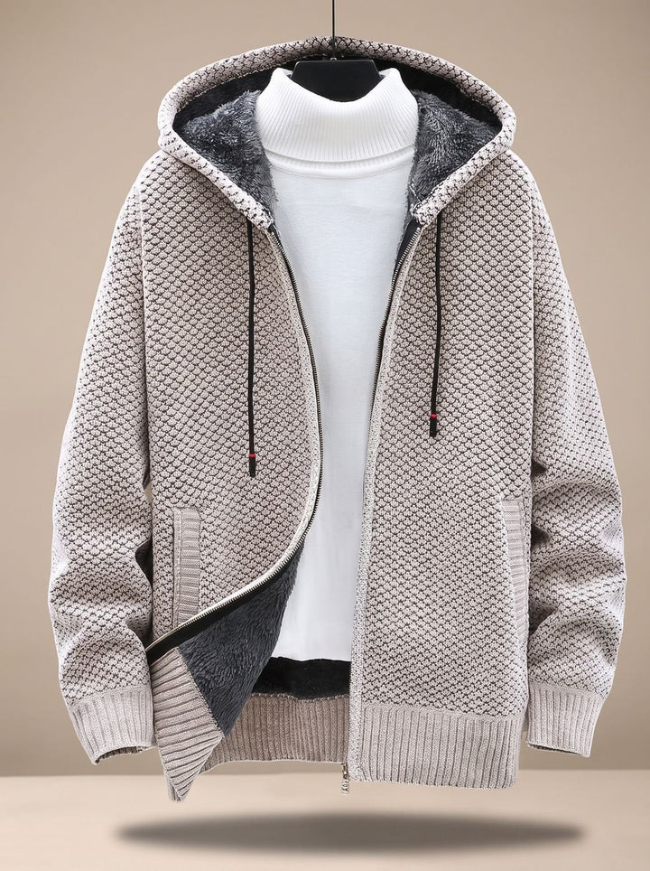 Tobias | Men's Cardigan with Hood, Zipper, Fleece Lining, Waffle Pattern