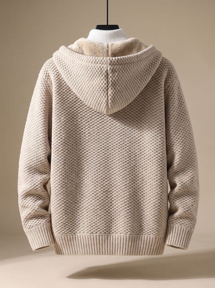 Tobias | Men's Cardigan with Hood, Zipper, Fleece Lining, Waffle Pattern