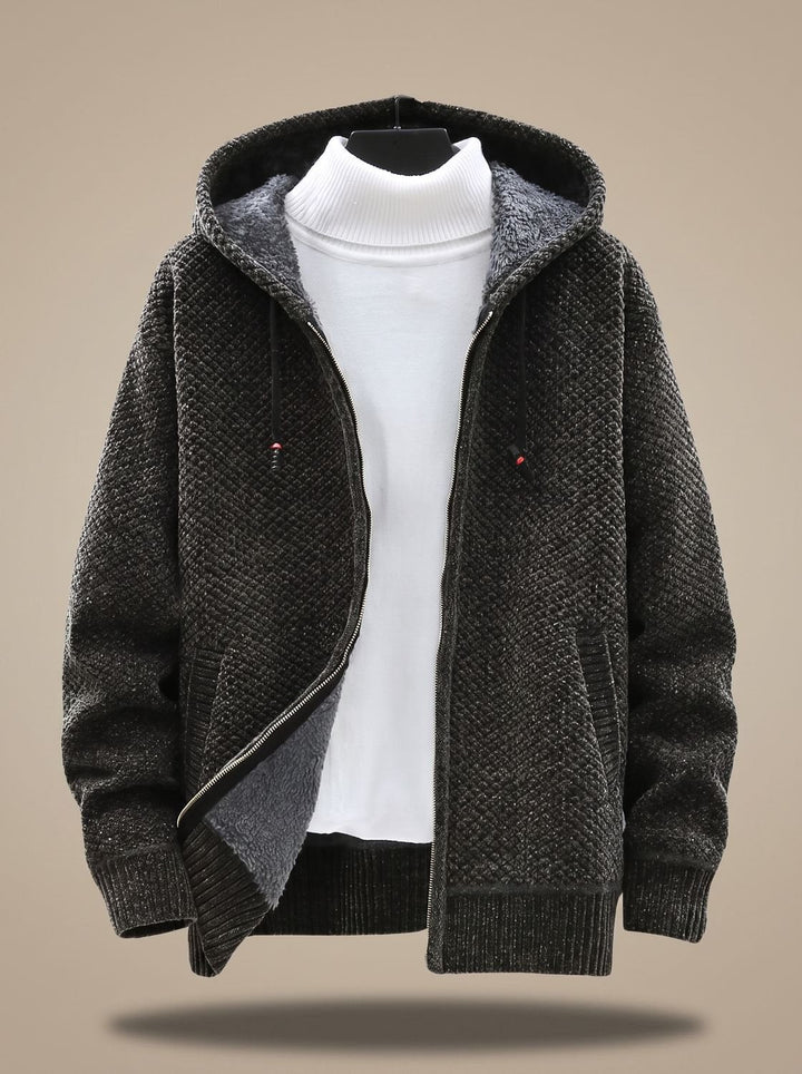Tobias | Men's Cardigan with Hood, Zipper, Fleece Lining, Waffle Pattern