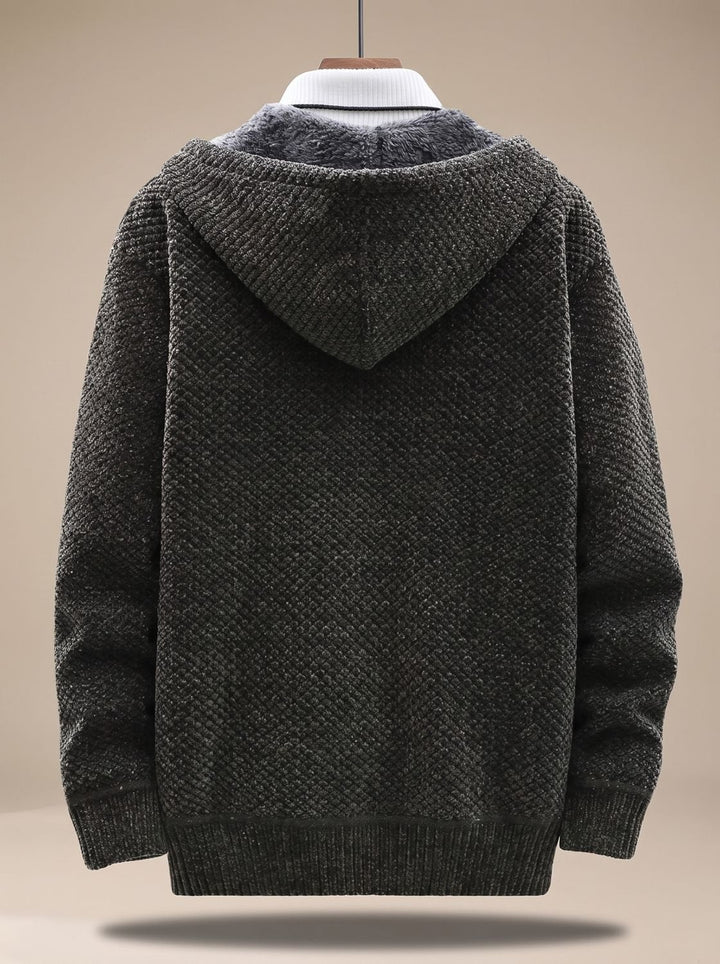 Tobias | Men's Cardigan with Hood, Zipper, Fleece Lining, Waffle Pattern
