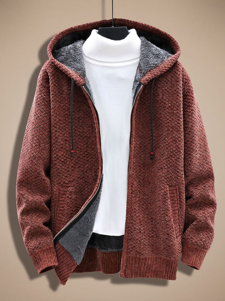Tobias | Men's Cardigan with Hood, Zipper, Fleece Lining, Waffle Pattern