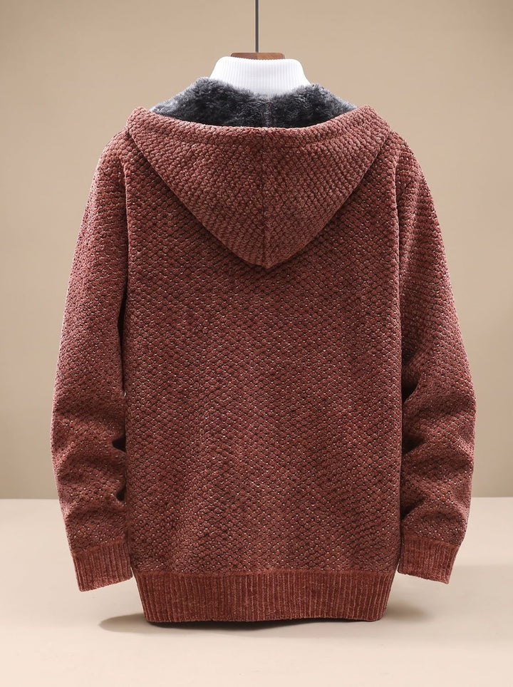 Tobias | Men's Cardigan with Hood, Zipper, Fleece Lining, Waffle Pattern