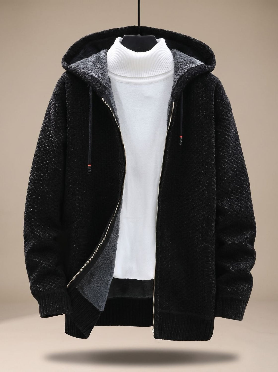 Tobias | Men's Cardigan with Hood, Zipper, Fleece Lining, Waffle Pattern