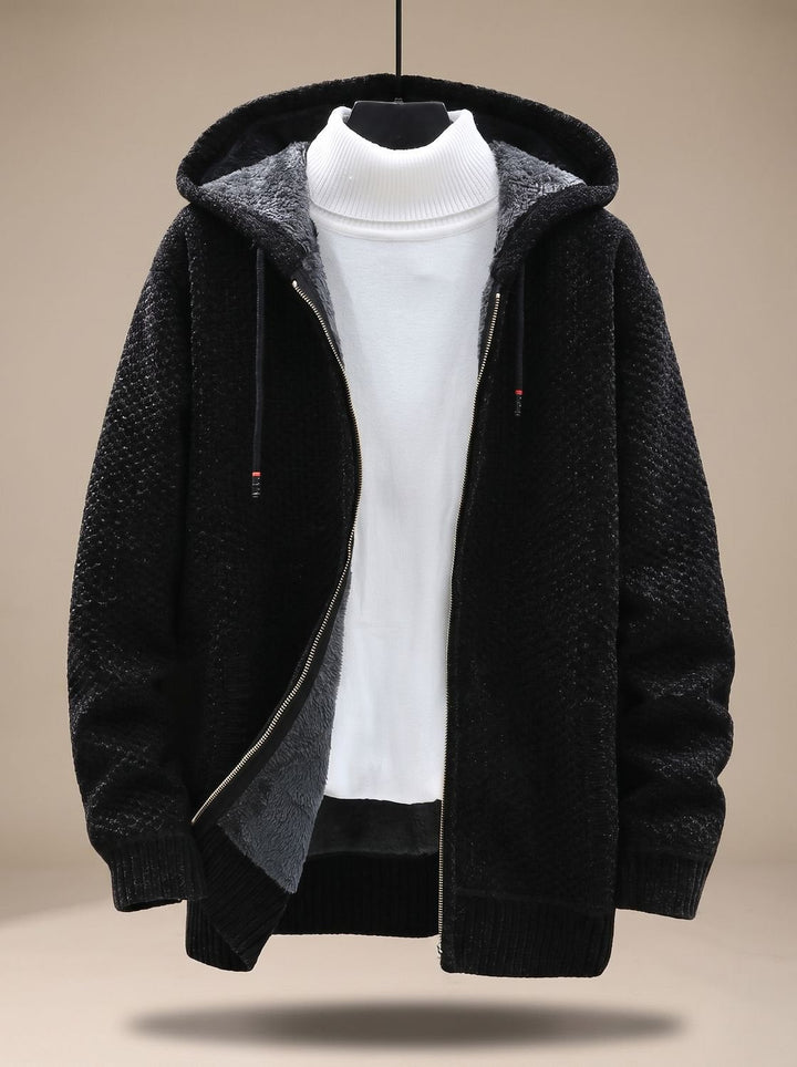 Tobias | Men's Cardigan with Hood, Zipper, Fleece Lining, Waffle Pattern