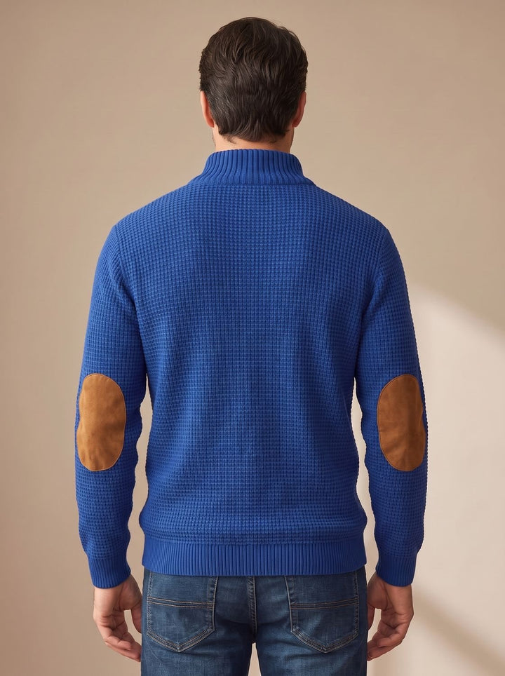 Fabian | Men's Waffle Knit Sweater with Button Stand Collar and Elbow Patches
