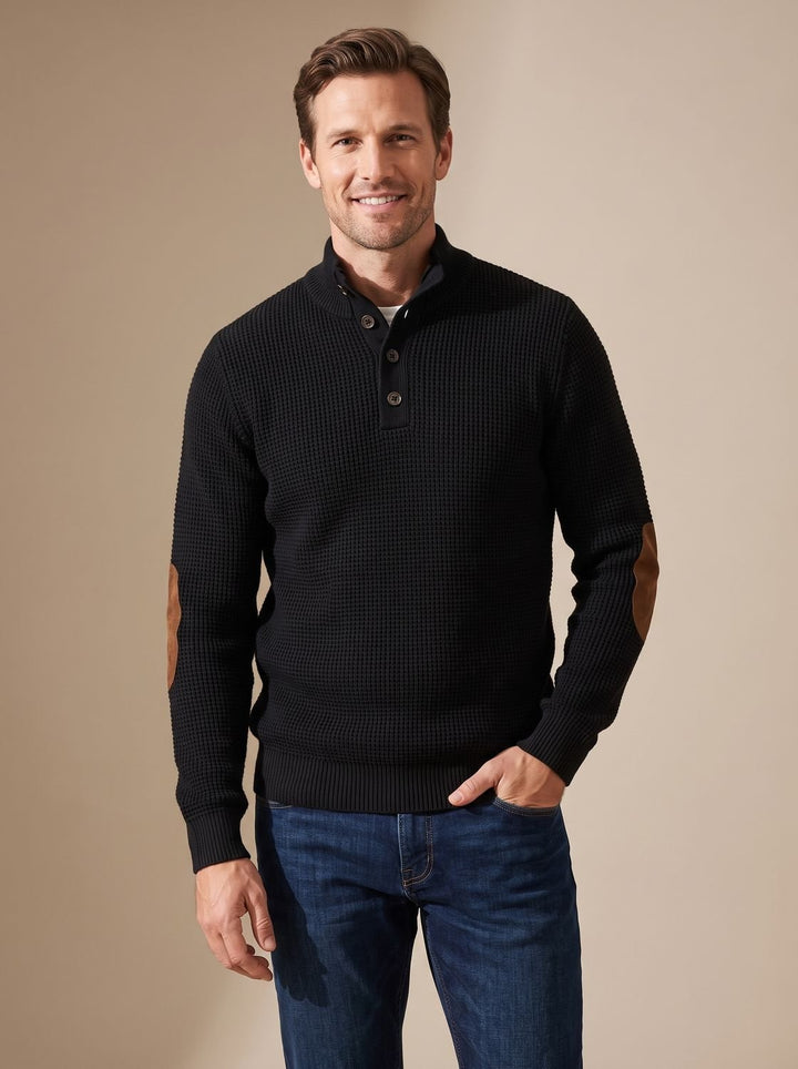 Fabian | Men's Waffle Knit Sweater with Button Stand Collar and Elbow Patches