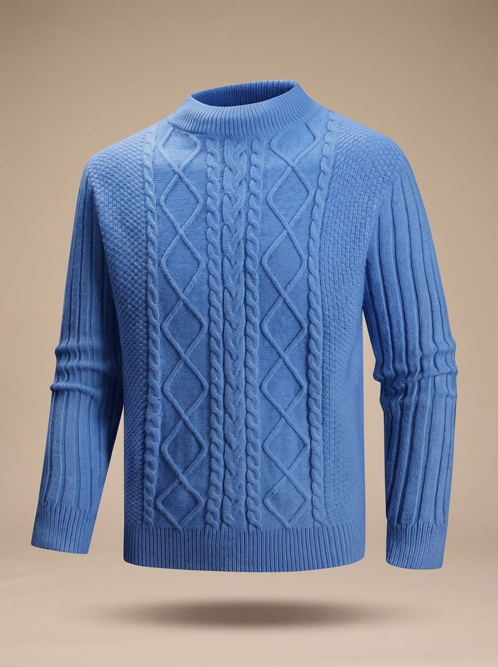 Andreas | Men's Cable Knit Fine Knit Sweater with Short Roll Neck Regular Fit, Blue