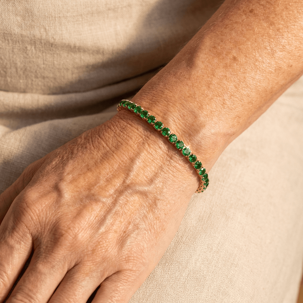 Bohemian Emerald Green Zirconia Gold Plated Tennis Bracelet - Elena Harper