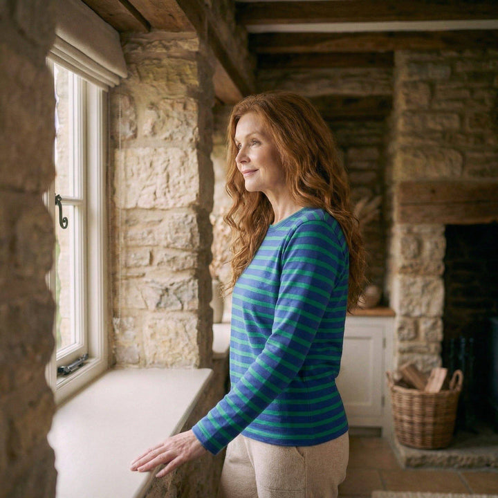 Emma & Rose Manhattan Grace™ Classic Striped Long Top, navy and white, lightweight knit with long sleeves and relaxed fit.