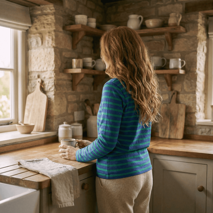 Emma & Rose Manhattan Grace™ Classic Striped Long Top featuring a comfortable, long-sleeve design with horizontal stripes in various colors.