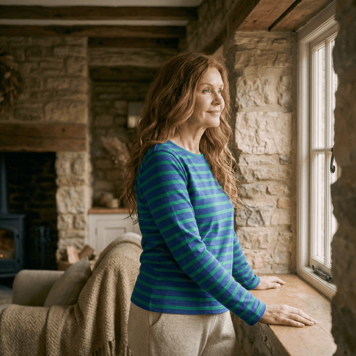Grace™ Classic Striped Long Top by Emma & Rose Manhattan, featuring a long, striped design with a relaxed fit and soft fabric.