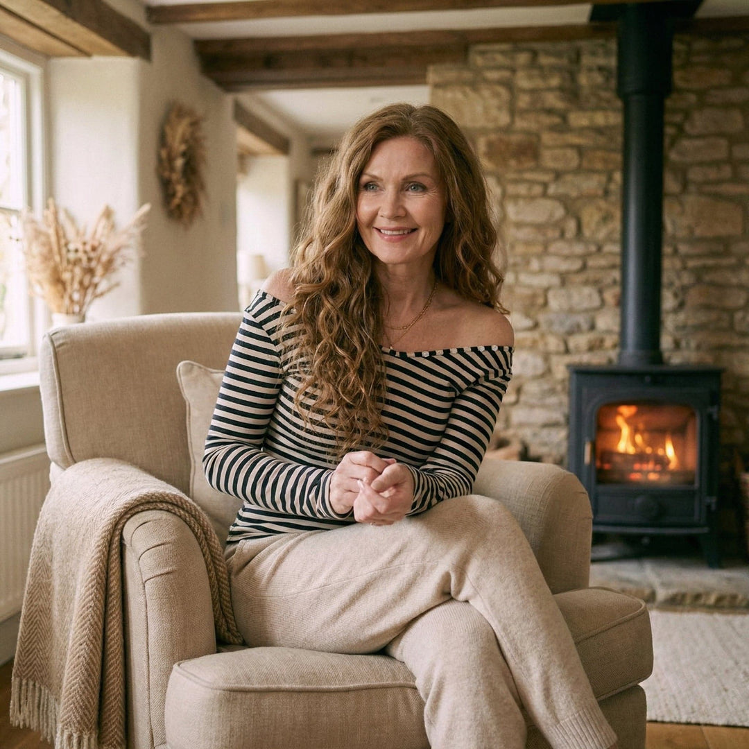 Emma & Rose Manhattan Layla™ striped slim patchwork top with long sleeves and a fitted silhouette, featuring colorful patchwork design.