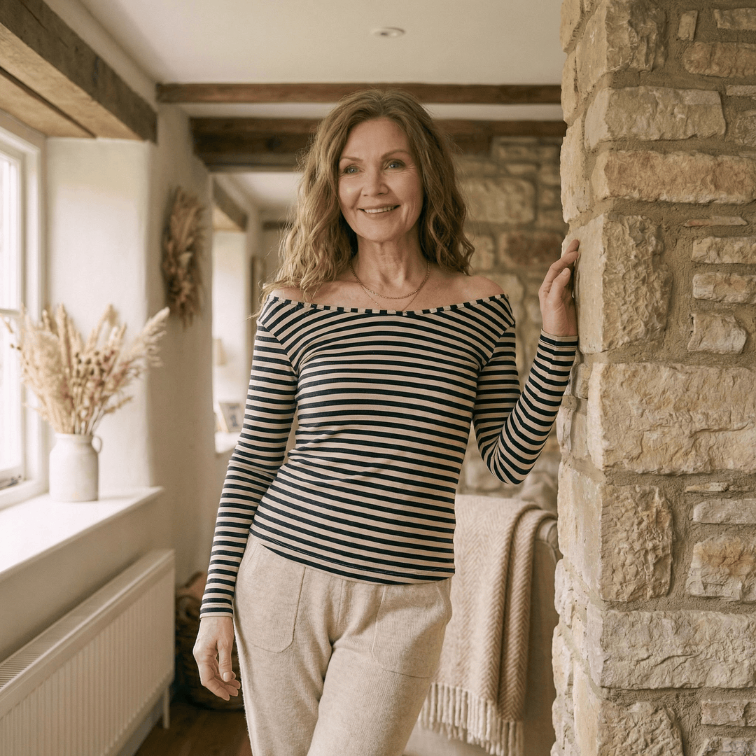 Emma & Rose Manhattan Layla striped slim patchwork top with long sleeves and V-neck, featuring colorful horizontal stripes.