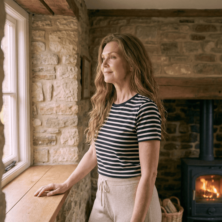 Emma & Rose Manhattan Ava™ Chest Pad Stripe Tee featuring a comfortable striped cotton fabric and chest pad design.