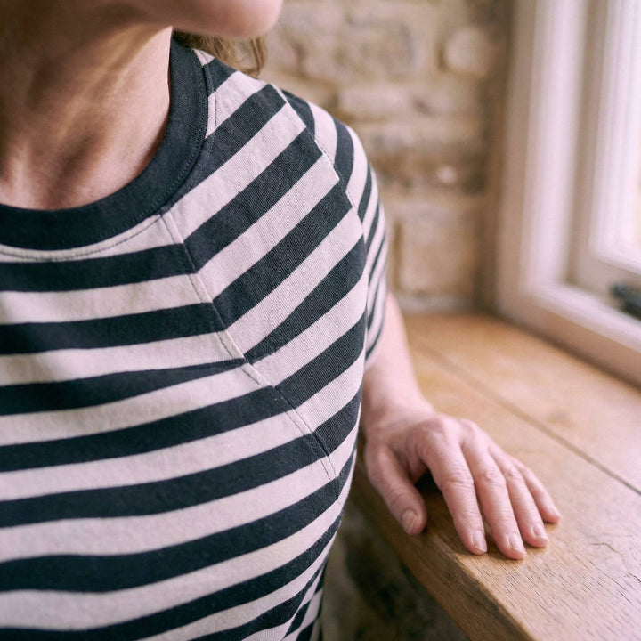 Emma & Rose Manhattan Ava™ Chest Pad Stripe Tee featuring a casual striped cotton t-shirt with chest pad detail and relaxed fit.