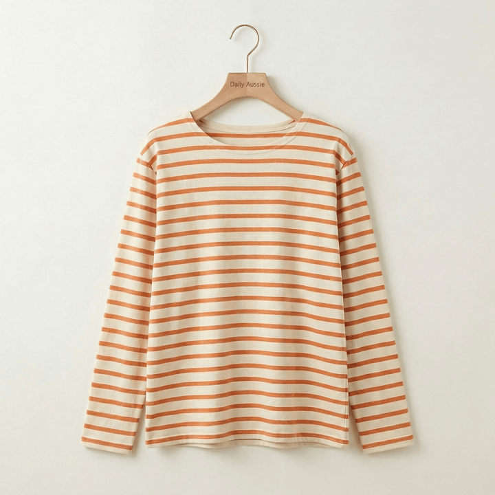 Grace™ Classic Striped Long Top by Emma & Rose Manhattan, featuring a long, relaxed fit with horizontal stripes in soft colors.