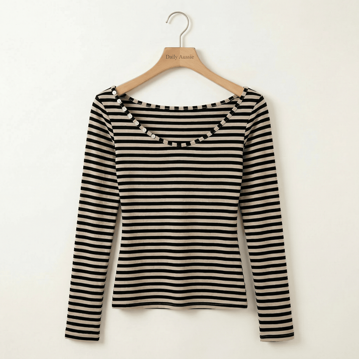 Layla™ striped slim patchwork top by Emma & Rose Manhattan, featuring a fitted silhouette and colorful patchwork design.