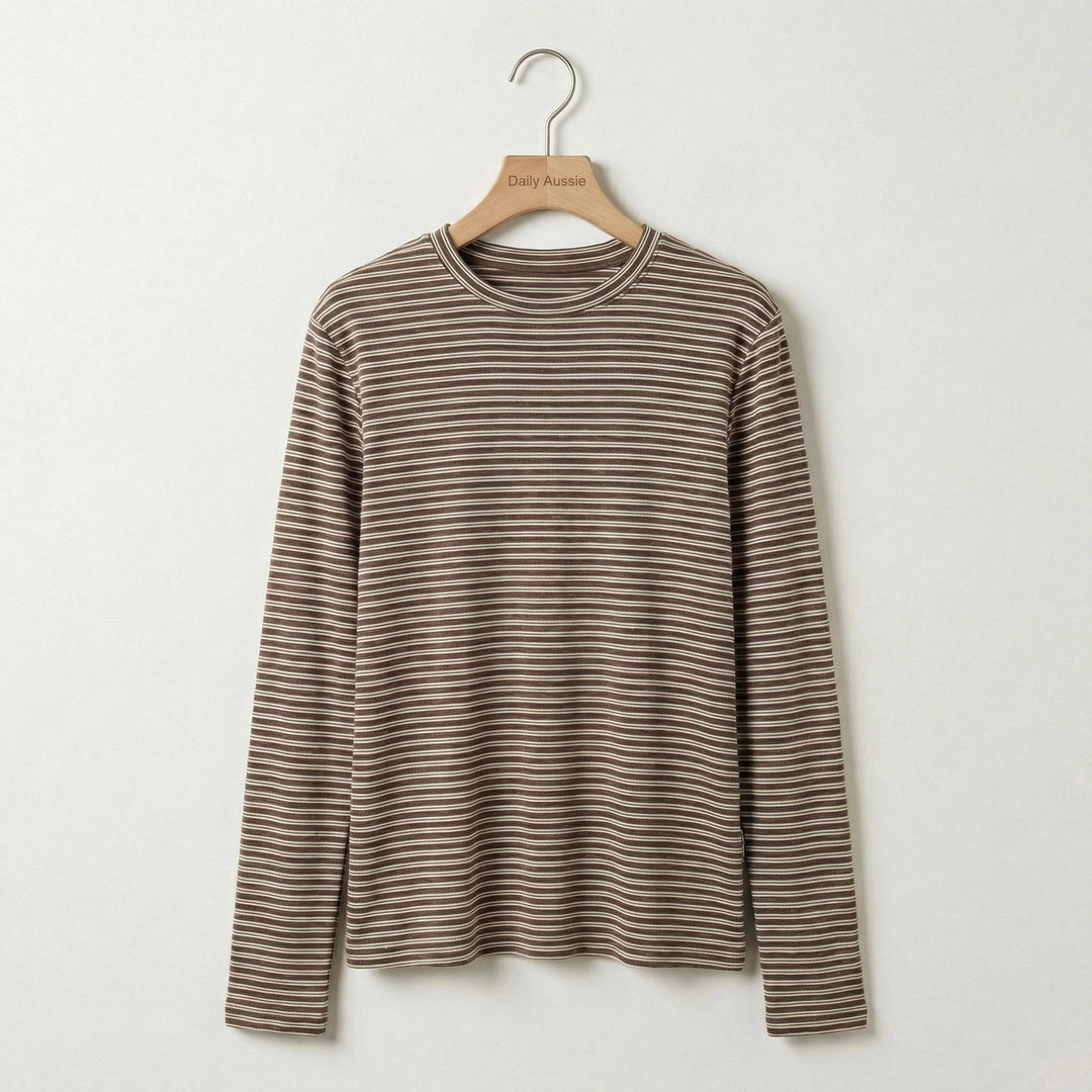 Emma & Rose Manhattan Amelia™ stripe long sleeve top with a classic design and soft fabric, shown in a close-up view.