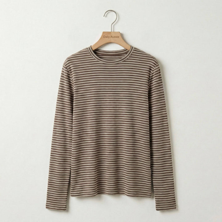 Emma & Rose Manhattan Amelia™ stripe long sleeve top with a classic design and soft fabric, shown in a close-up view.
