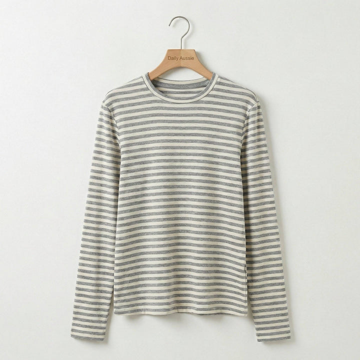 Emma & Rose Manhattan Amelia™ stripe long sleeve top, featuring a stylish striped pattern and comfortable fit, shown on a model.