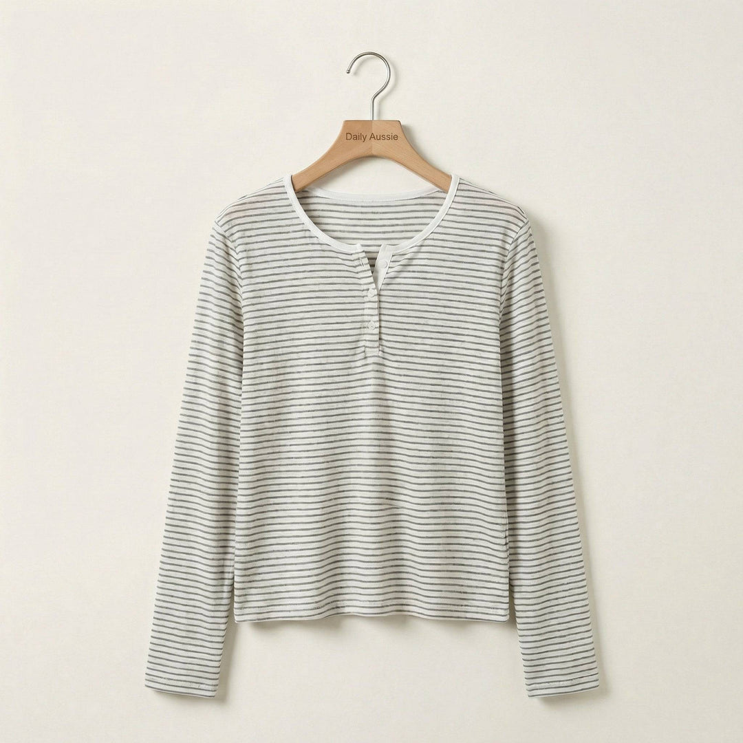 Sienna™ Stripe Long Sleeve Top by Emma & Rose Manhattan, featuring a stylish striped design and long sleeves, on a white background.