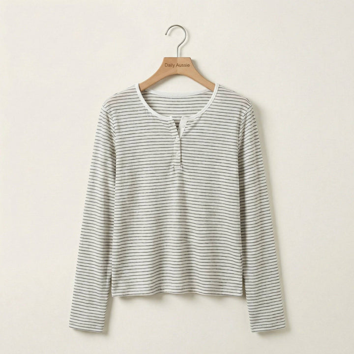 Sienna™ Stripe Long Sleeve Top by Emma & Rose Manhattan, featuring a stylish striped design and long sleeves, on a white background.