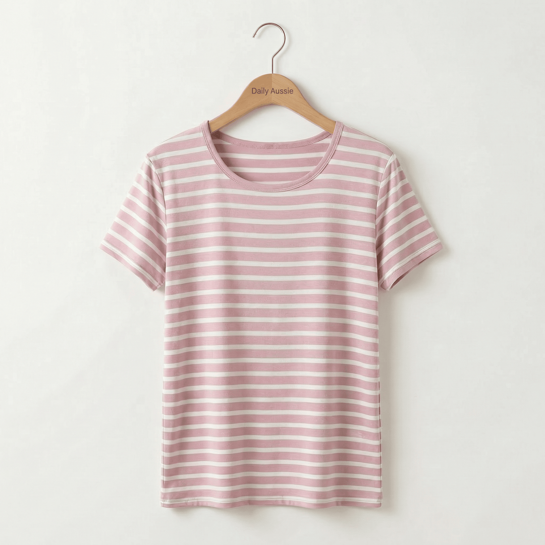 Emma & Rose Manhattan Ava™ Chest Pad Stripe Tee featuring a casual striped fabric and chest pad detail on a relaxed fit t-shirt.