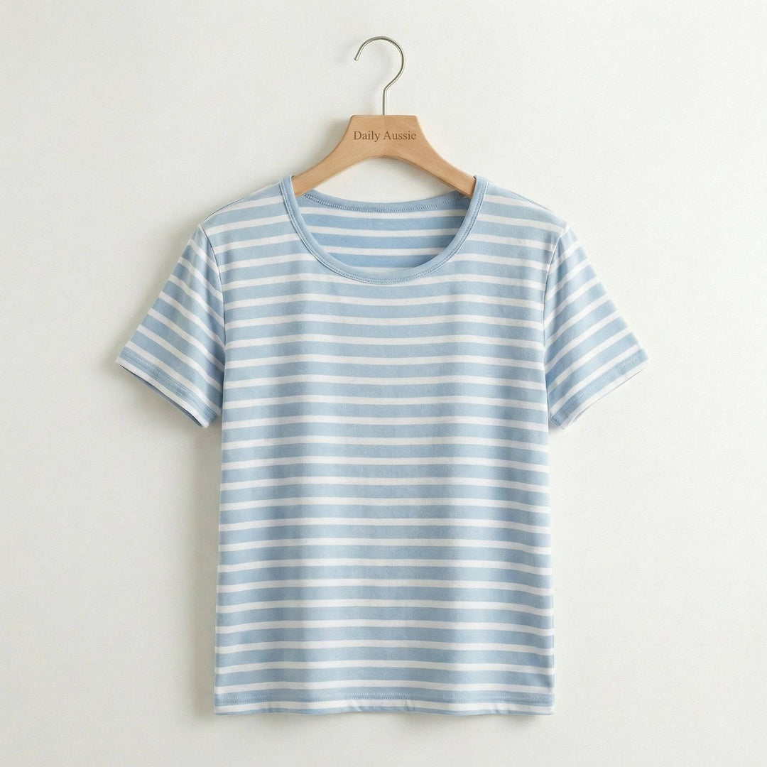 Emma & Rose Manhattan Ava™ Chest Pad Stripe Tee featuring a close-up of the striped fabric and chest pad detail.