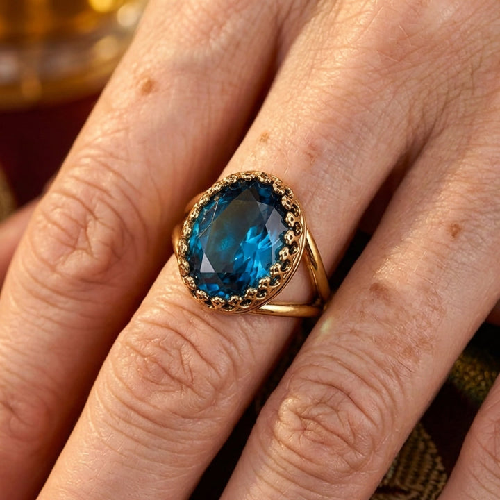 Elegant Gold Plated Oval Blue Stone Ring - Elena Harper