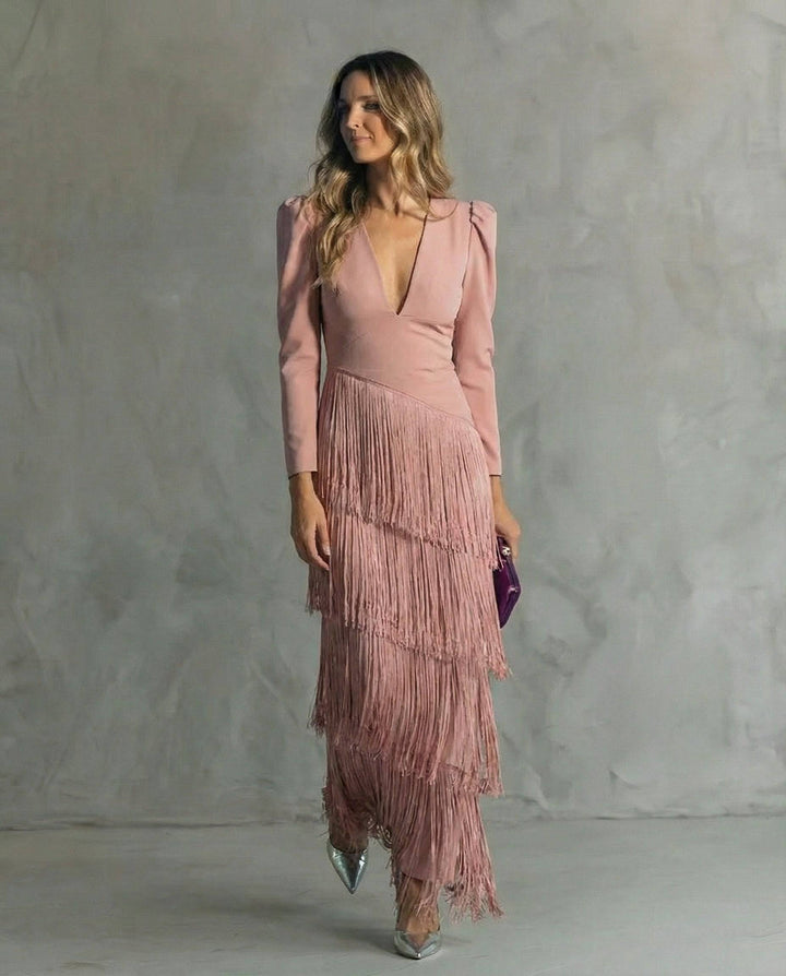 Emma & Rose Durban Clara™ elegant midi dress with a flowing silhouette and intricate design, shown in a stylish, natural pose.