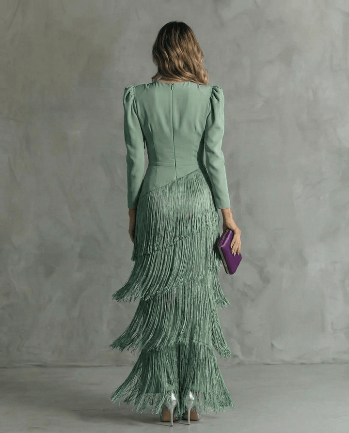 Elegant Emma & Rose Durban Clara™ midi dress with a fitted bodice and flowing skirt, displayed on a hanger against a neutral background.