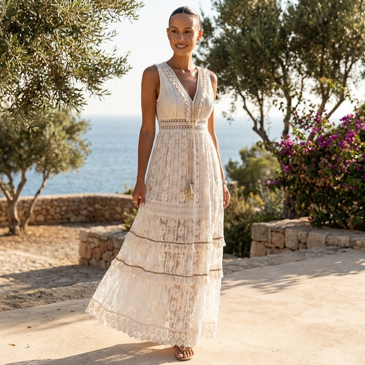 Women's Boho Lace Tiered V-Neck Maxi Dress