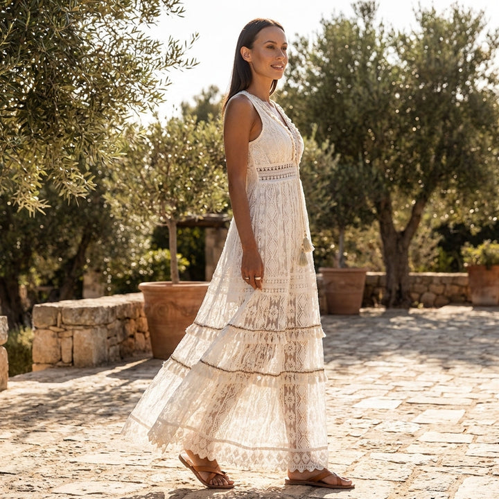 Women's Boho Lace Tiered V-Neck Maxi Dress