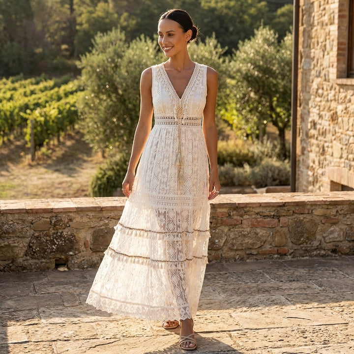 Women's Boho Lace Tiered V-Neck Maxi Dress