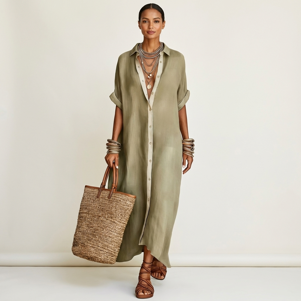 Women's Elegant Maxi Shirt Dress with Contrast Collar