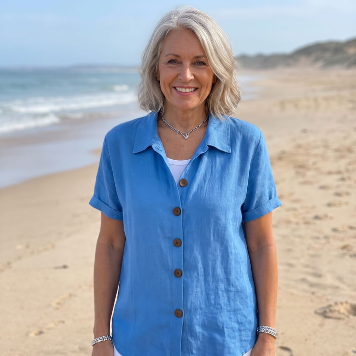 Women's Button-Up Short Sleeve Blouse in Lightweight Fabric