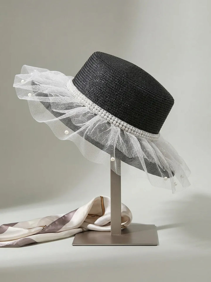 Women's Sun Hat with Tulle Trim and Pearl Decoration
