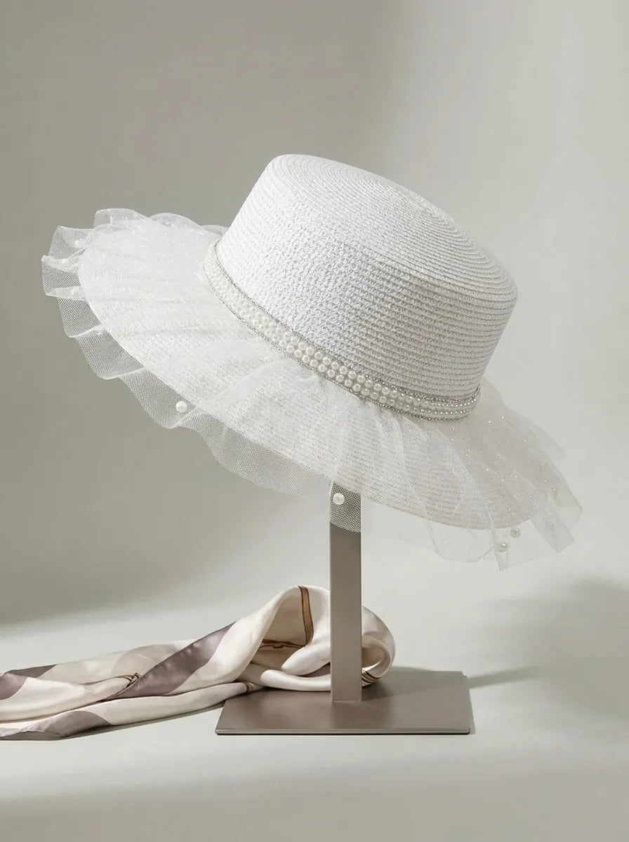 Women's Sun Hat with Tulle Trim and Pearl Decoration