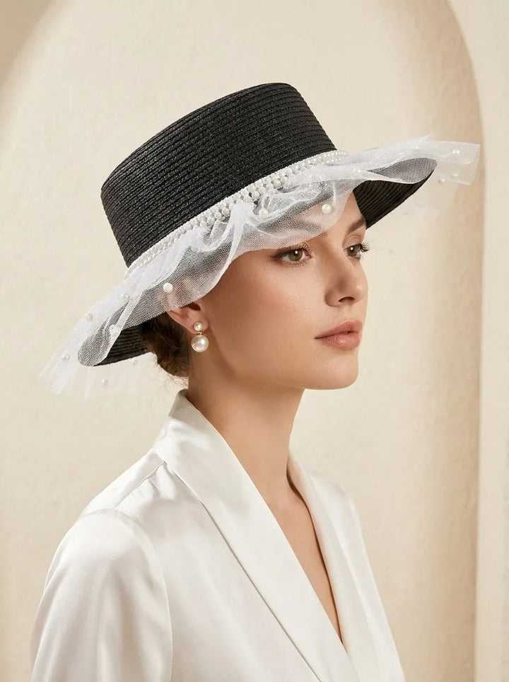 Women's Sun Hat with Tulle Trim and Pearl Decoration