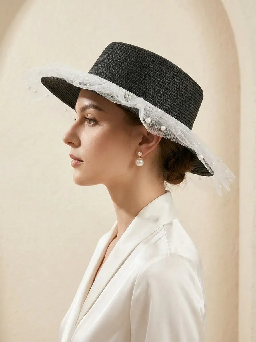 Women's Sun Hat with Tulle Trim and Pearl Decoration