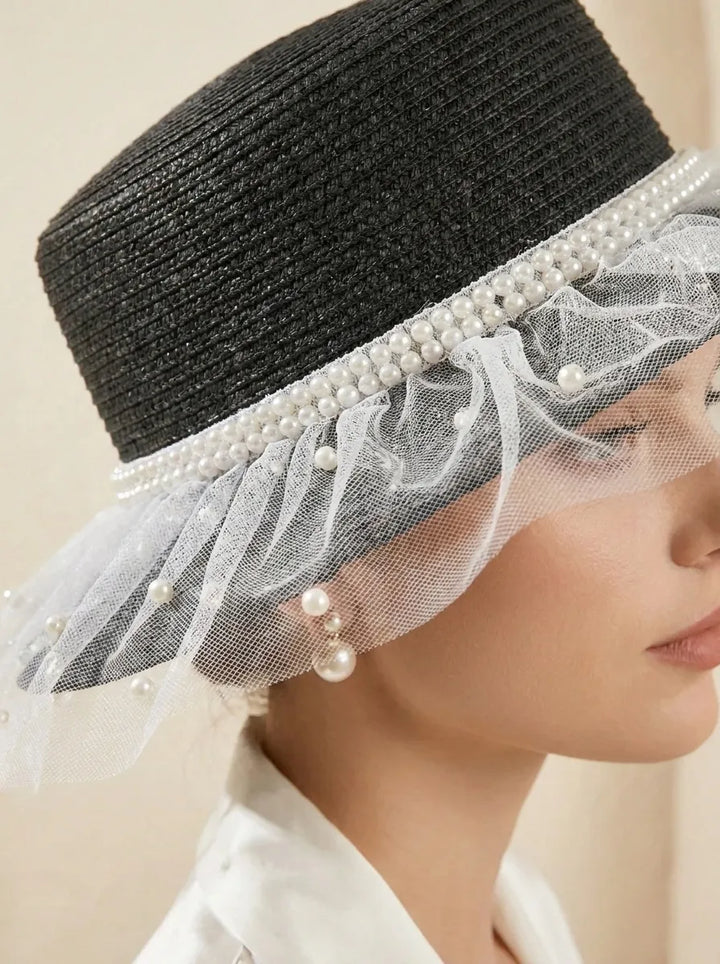 Women's Sun Hat with Tulle Trim and Pearl Decoration