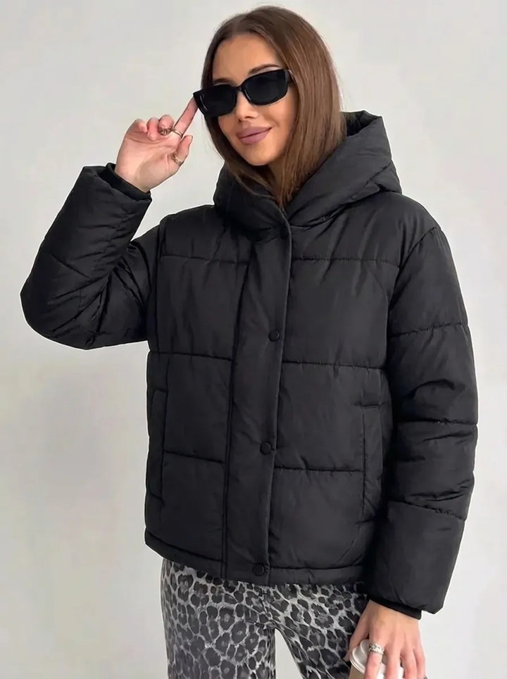 Women's Oversized Padded Jacket with Hood and Integrated Pockets