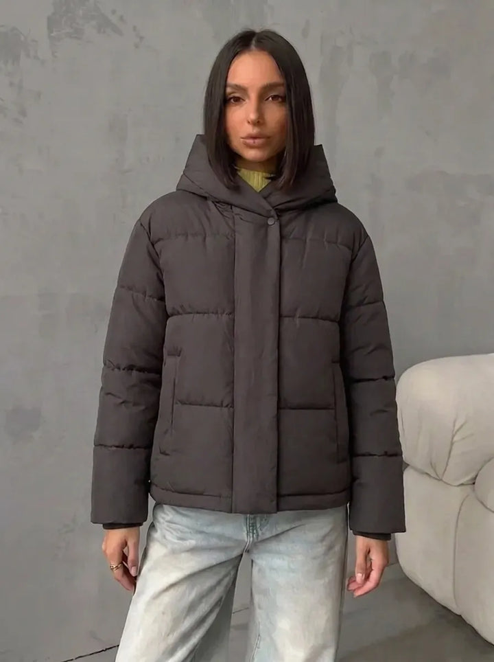 Women's Oversized Padded Jacket with Hood and Integrated Pockets